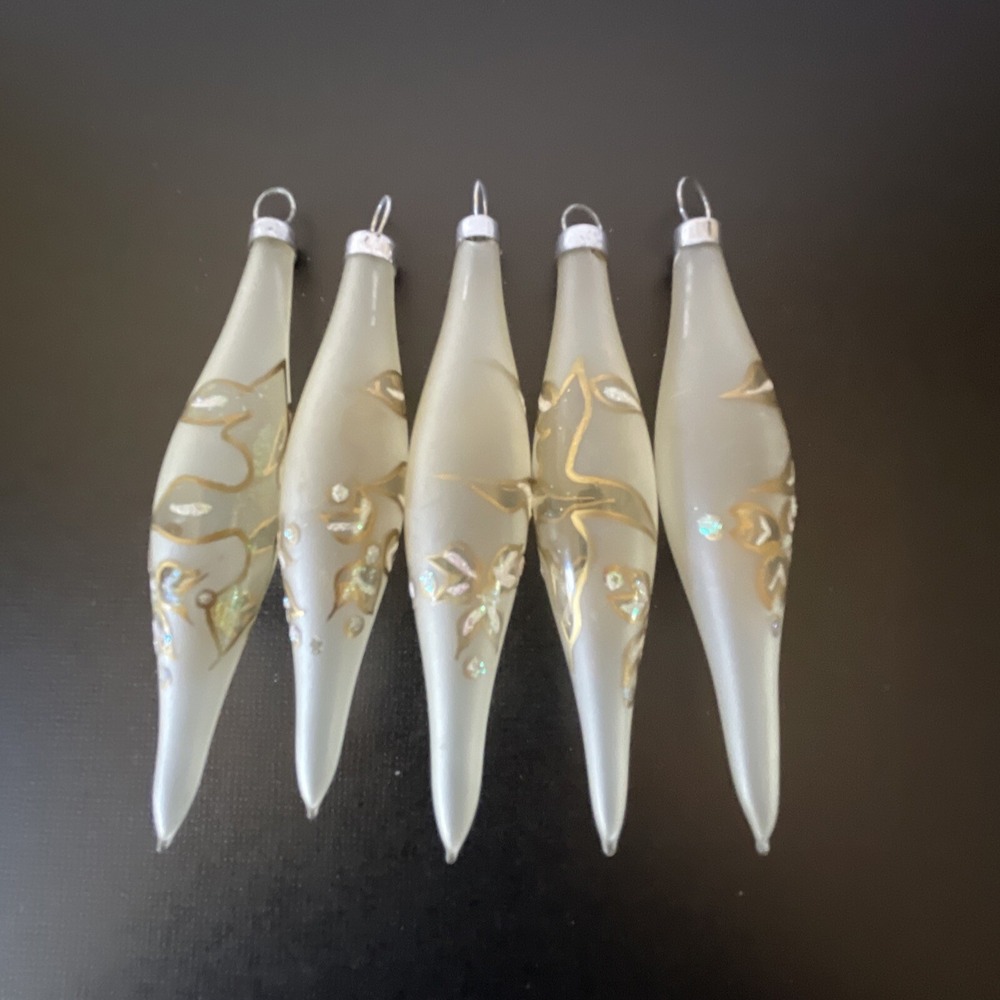 Vtg Bradford Christmas Ornaments Frosted Glass Gold Icicle Tear Drop Lot 5